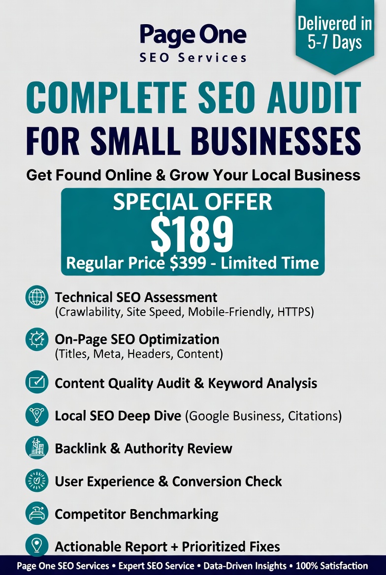 Page One SEO Services - Complete SEO Audit Special Offer $189